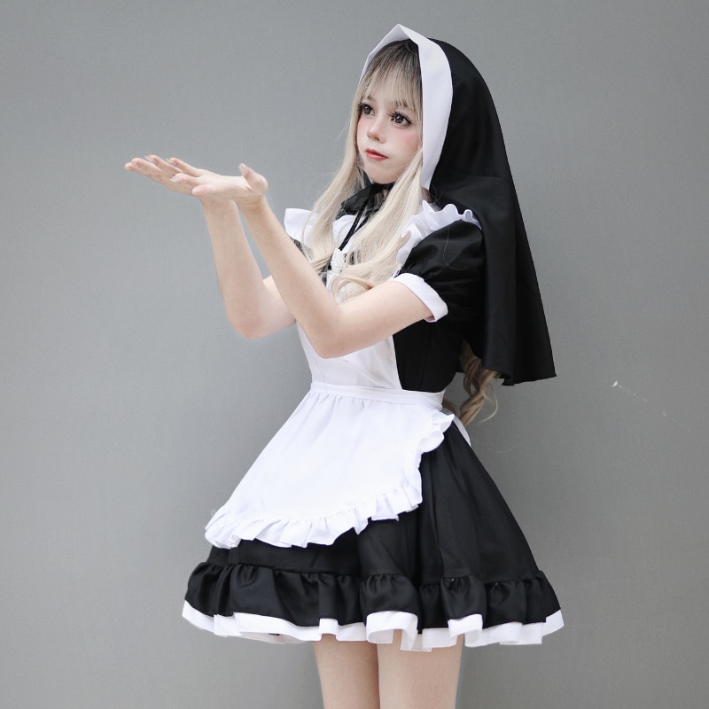 Halloween Nun Girl Cosplay Maid Dress Women Plus Size Sweet Lolita Japanese Anime Role Play Party Black White Gothic Outfit 5XL