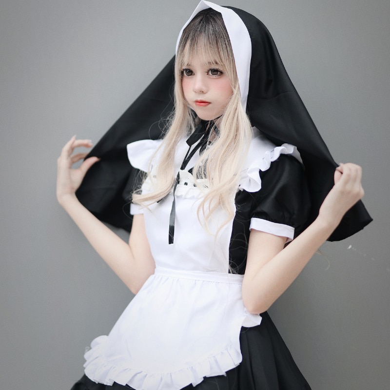 Halloween Nun Girl Cosplay Maid Dress Women Plus Size Sweet Lolita Japanese Anime Role Play Party Black White Gothic Outfit 5XL