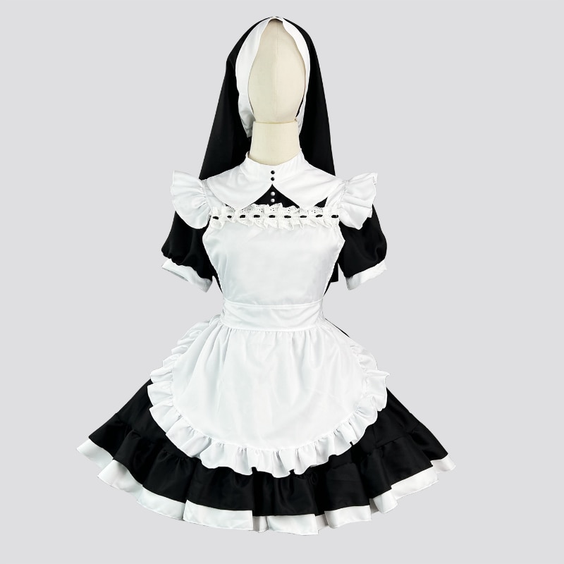 Halloween Nun Girl Cosplay Maid Dress Women Plus Size Sweet Lolita Japanese Anime Role Play Party Black White Gothic Outfit 5XL