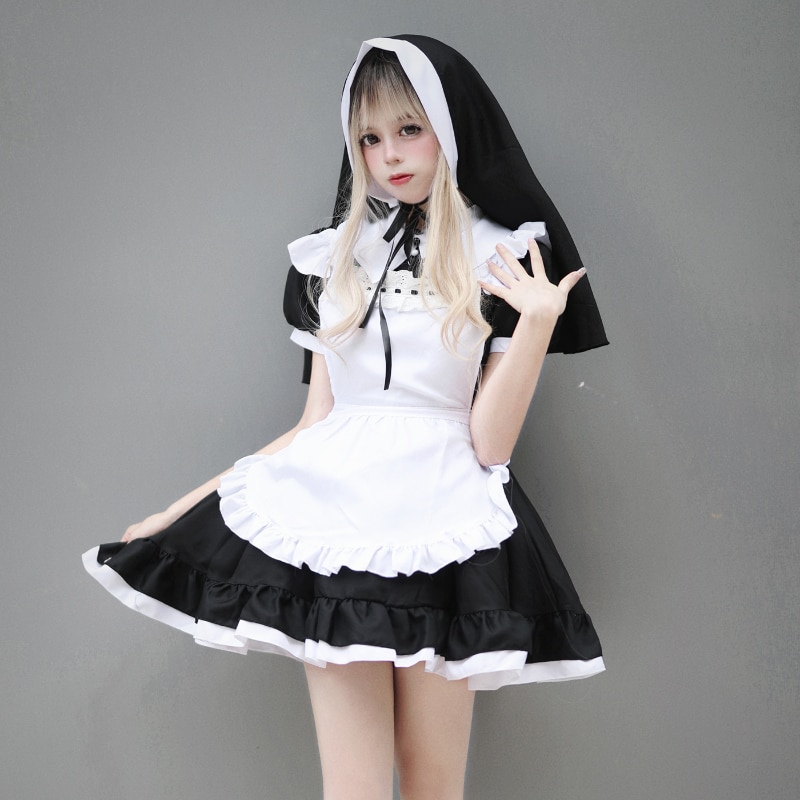 Halloween Nun Girl Cosplay Maid Dress Women Plus Size Sweet Lolita Japanese Anime Role Play Party Black White Gothic Outfit 5XL