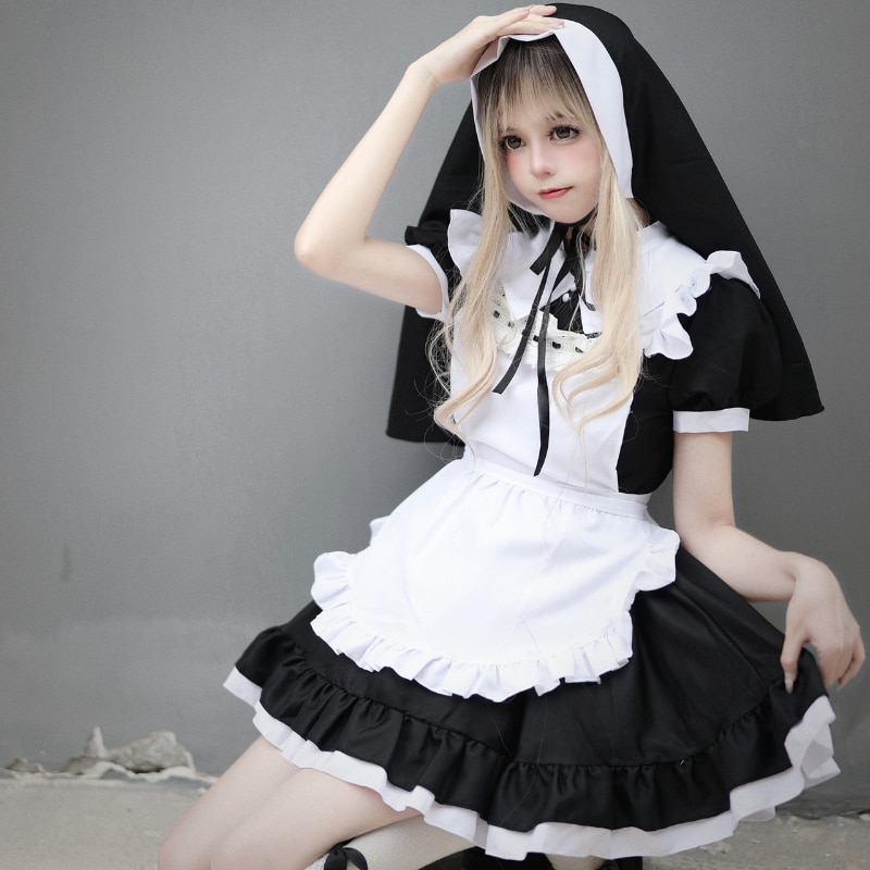 Halloween Nun Girl Cosplay Maid Dress Women Plus Size Sweet Lolita Japanese Anime Role Play Party Black White Gothic Outfit 5XL