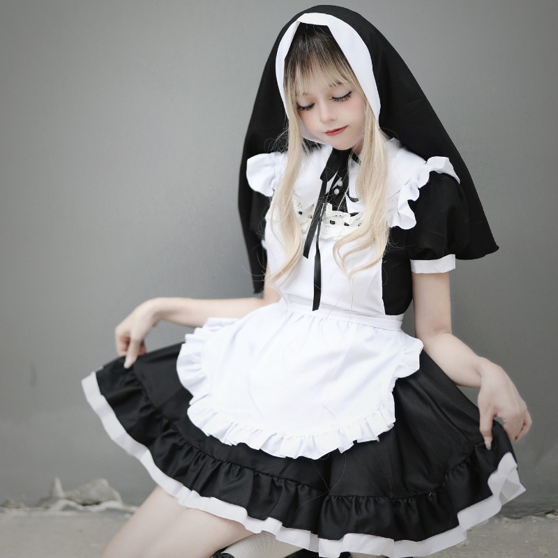 Halloween Nun Girl Cosplay Maid Dress Women Plus Size Sweet Lolita Japanese Anime Role Play Party Black White Gothic Outfit 5XL