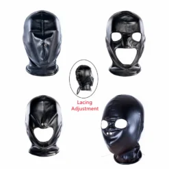 Os 4 estilos do capuz de couro BDSM preto: fechado, olhos, boca e olhos e boca