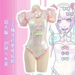 Fantasia KAngel bodysuit holográfico ao lado da personagem do jogo