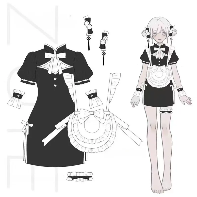 Ilustração das peças do kit: vestido, avental, tiara, punhos e liga de perna