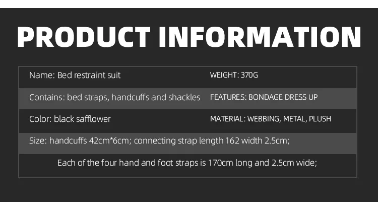 Ficha com as medidas do kit: punhos de 42 por 6 cm, tira central de 162 cm e ramais de 170 cm