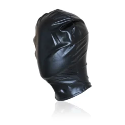 Capuz de bondage preto fechado, em tecido de brilho molhado, sem aberturas