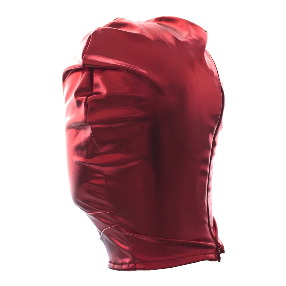 Capuz de bondage vermelho fechado, em tecido de brilho molhado