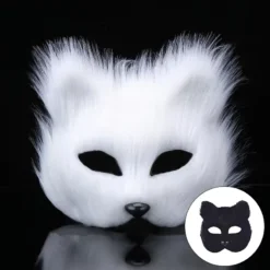 Máscara de raposa furry branca de pelo longo