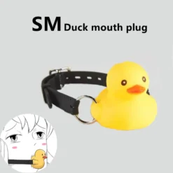 Rubber ducky gag BDSM com desenho de quem usa o patinho na boca