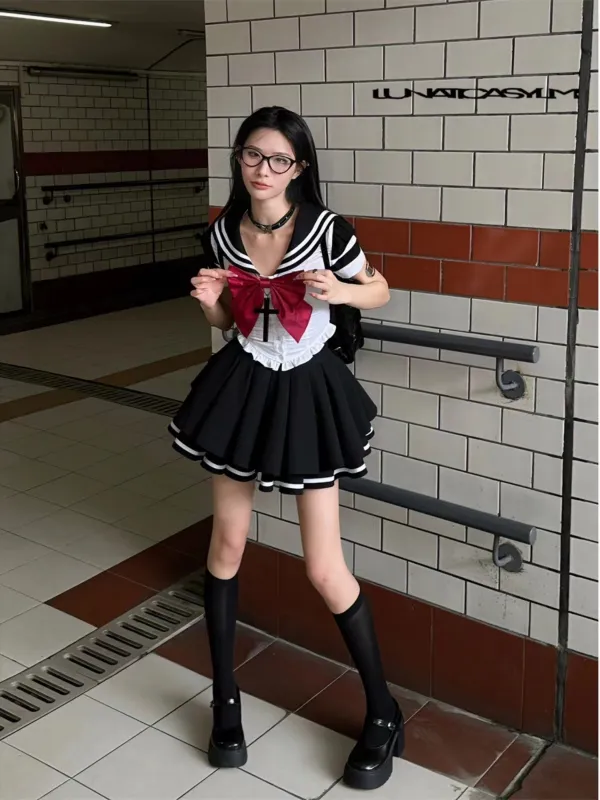 Hikigawa-Blusa de cores contrastantes chiques, tops de gola virada para baixo, mini-camisa elegante vintage, casual 2 conjuntos, moda