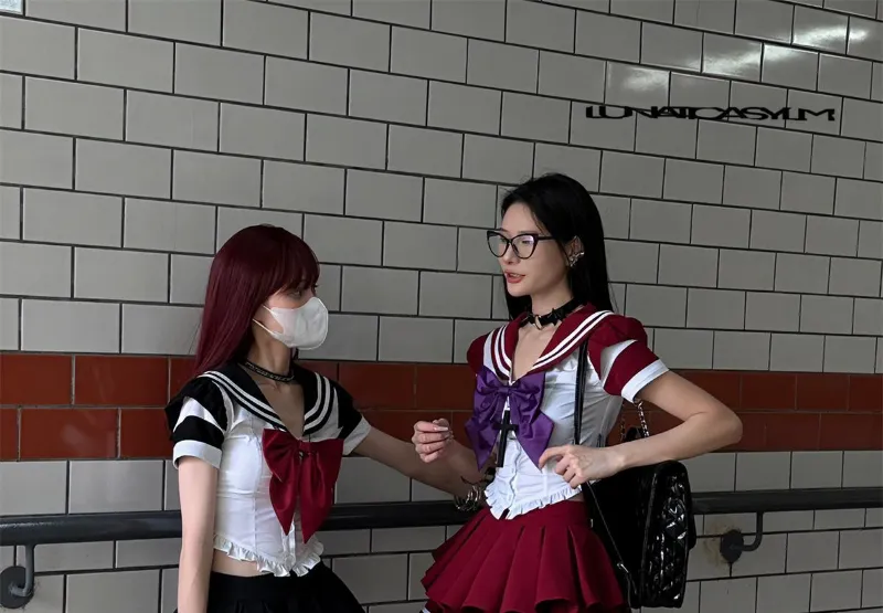 Hikigawa-Blusa de cores contrastantes chiques, tops de gola virada para baixo, mini-camisa elegante vintage, casual 2 conjuntos, moda