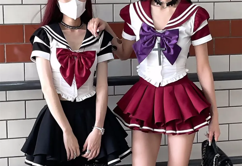 Hikigawa-Blusa de cores contrastantes chiques, tops de gola virada para baixo, mini-camisa elegante vintage, casual 2 conjuntos, moda