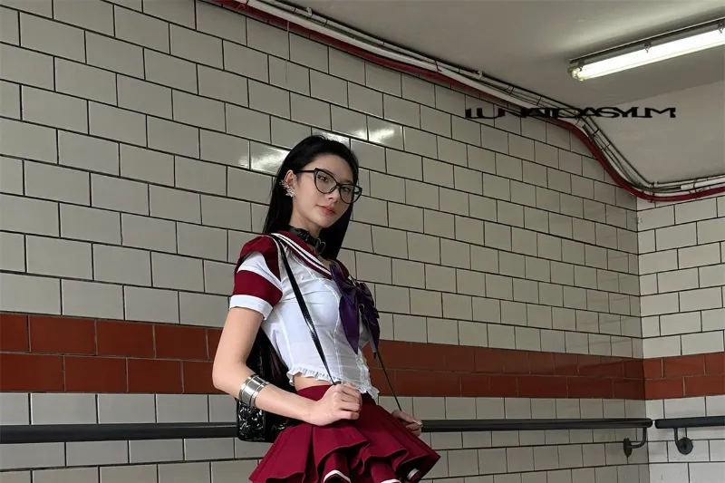 Hikigawa-Blusa de cores contrastantes chiques, tops de gola virada para baixo, mini-camisa elegante vintage, casual 2 conjuntos, moda