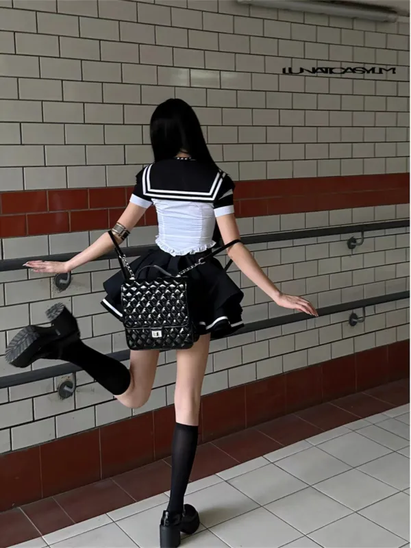 Hikigawa-Blusa de cores contrastantes chiques, tops de gola virada para baixo, mini-camisa elegante vintage, casual 2 conjuntos, moda