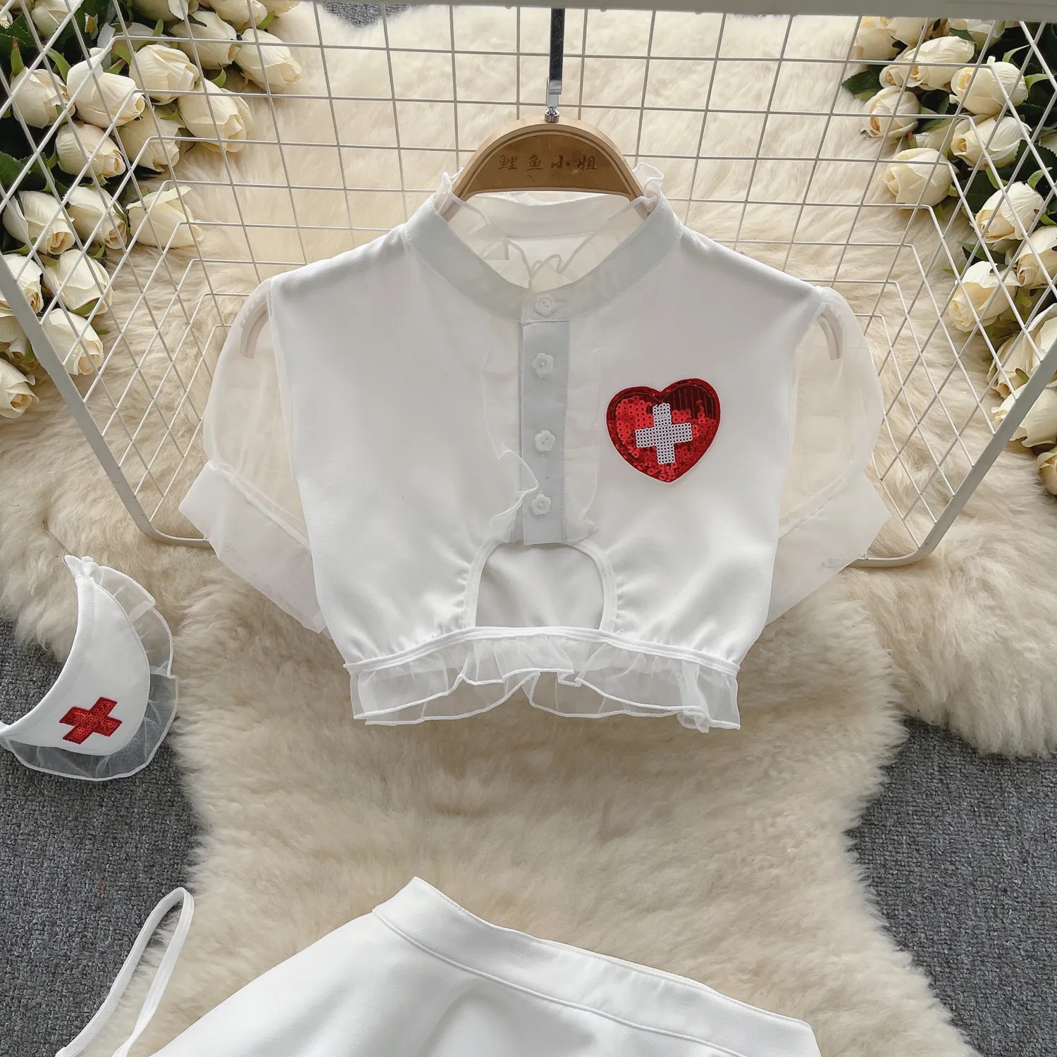 SINGREINY-uniforme erótico de enfermeira para mulheres, ternos sensuais, mangas curtas, babados, mini saia, pijamas tangas, roupa pornô, 2023