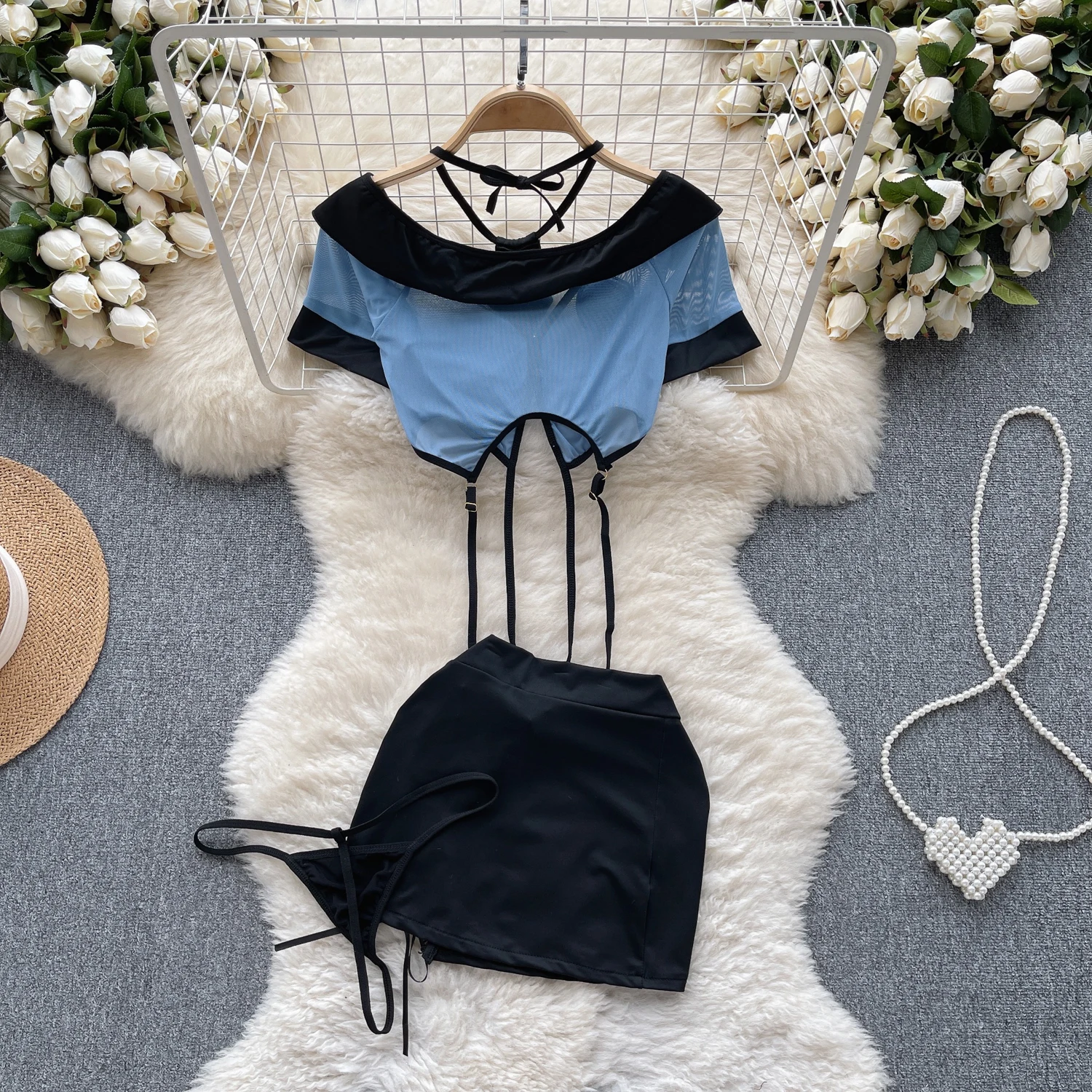 SINGREINY-Conjuntos de Uniformes Sensuais Femininos, Top Sheer com Decote V, Mini Saia com Renda, Tanga Escavada, Ternos Pornôs Cosplay, Estilo Preppy, 2023