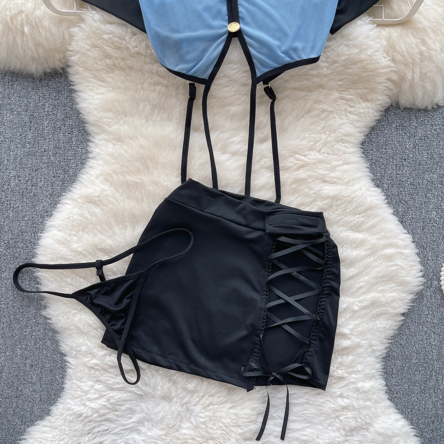 SINGREINY-Conjuntos de Uniformes Sensuais Femininos, Top Sheer com Decote V, Mini Saia com Renda, Tanga Escavada, Ternos Pornôs Cosplay, Estilo Preppy, 2023