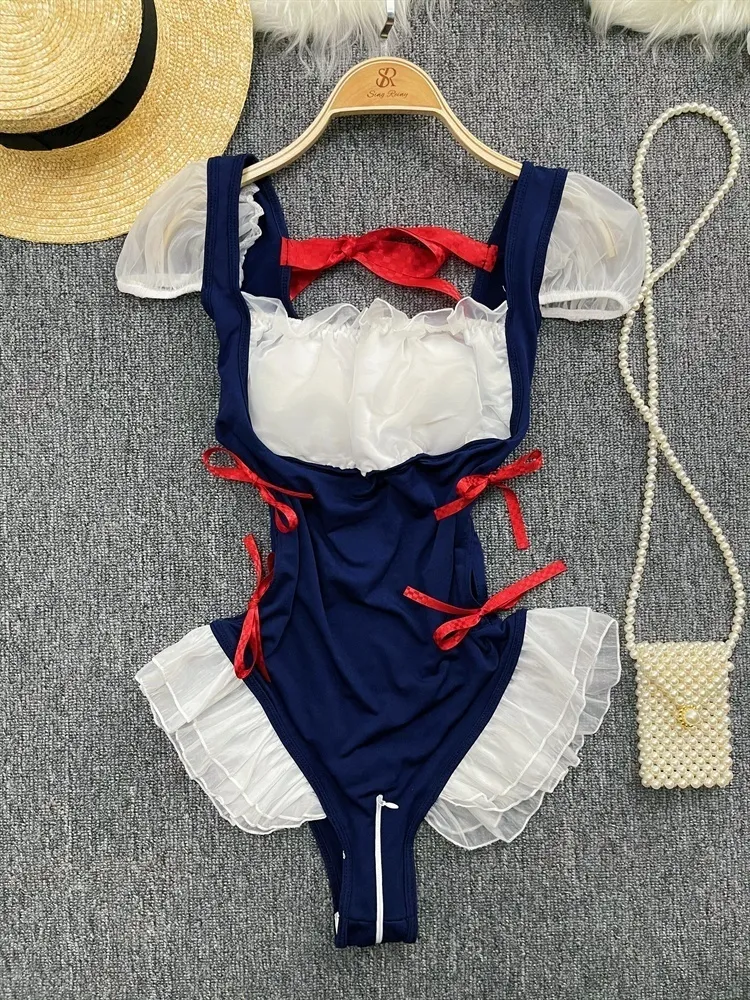 Bodysuit de malha erótica feminina, macacão de renda, combinação oca, moda sexy, pijama