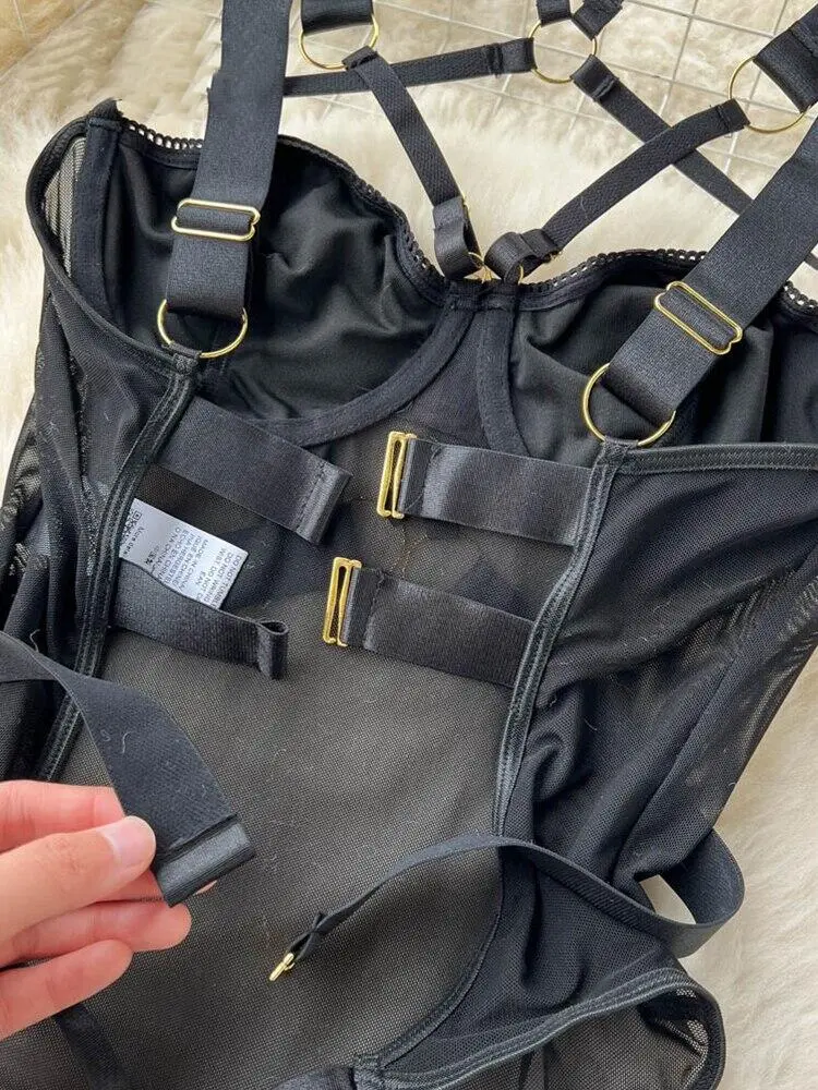 Bodysuit de malha erótica feminina, macacão de renda, combinação oca, moda sexy, pijama