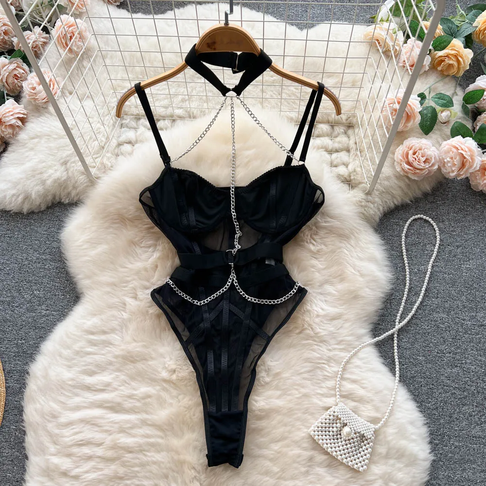 Bodysuit de malha erótica feminina, macacão de renda, combinação oca, moda sexy, pijama