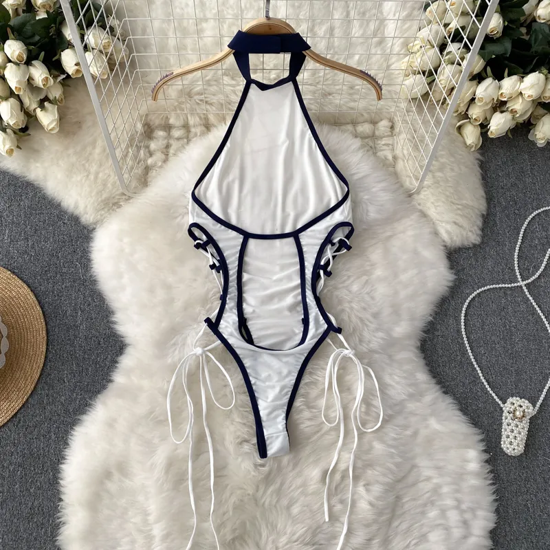 Bodysuit de malha erótica feminina, macacão de renda, combinação oca, moda sexy, pijama