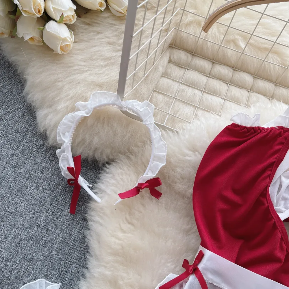 Vestido estilo japonês de maid vermelho com tiara de babados e punhos