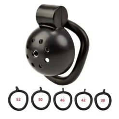 Cinto de castidade pequeno Obsidian, gaiola esférica preta com 5 anéis de 38 a 52 mm