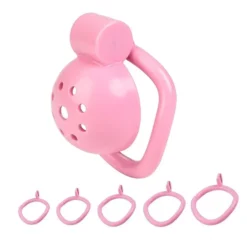 Mini gaiola de castidade rosa de ABS acompanhada dos cinco anéis de base