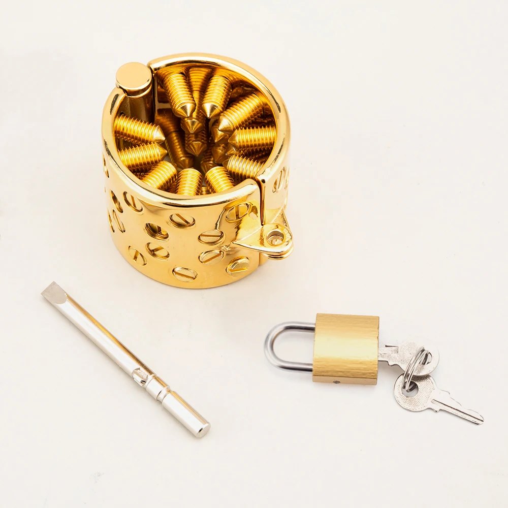 Ouro ajustável Metal testículos bola maca para homens, 4 linhas, picos longos, masculino BDSM peso, Cock Ring Lock, Cock Cage, CBT Sex Toys