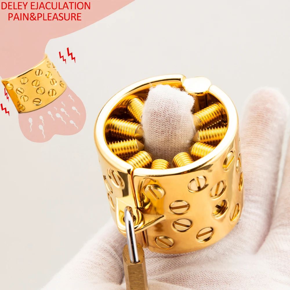 Ouro ajustável Metal testículos bola maca para homens, 4 linhas, picos longos, masculino BDSM peso, Cock Ring Lock, Cock Cage, CBT Sex Toys