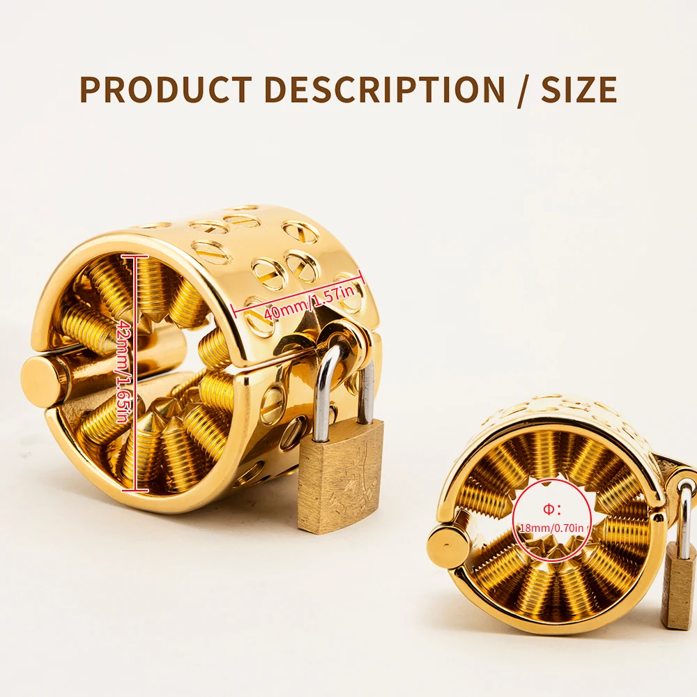 Ouro ajustável Metal testículos bola maca para homens, 4 linhas, picos longos, masculino BDSM peso, Cock Ring Lock, Cock Cage, CBT Sex Toys