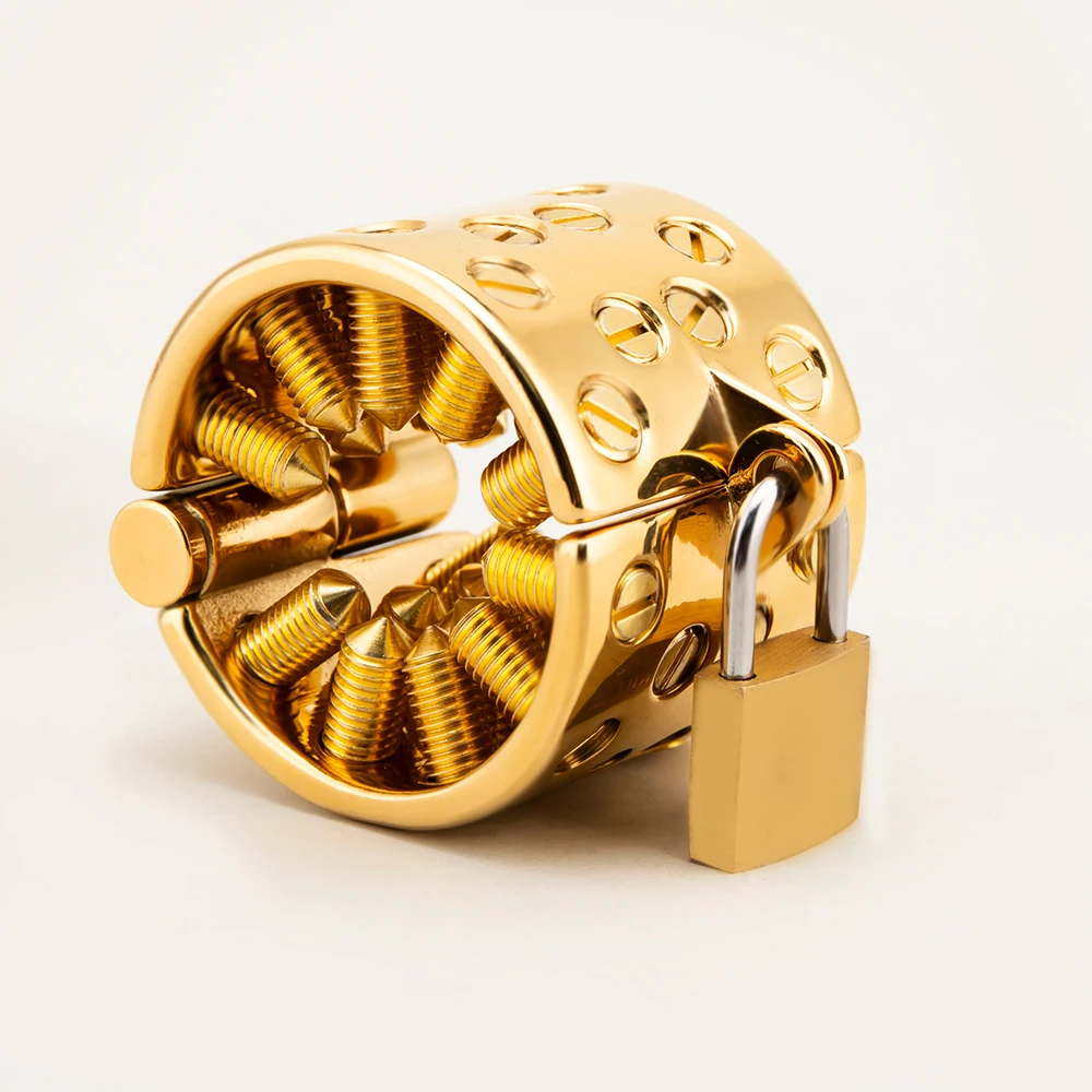 Ouro ajustável Metal testículos bola maca para homens, 4 linhas, picos longos, masculino BDSM peso, Cock Ring Lock, Cock Cage, CBT Sex Toys