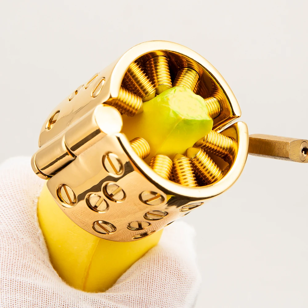 Ouro ajustável Metal testículos bola maca para homens, 4 linhas, picos longos, masculino BDSM peso, Cock Ring Lock, Cock Cage, CBT Sex Toys