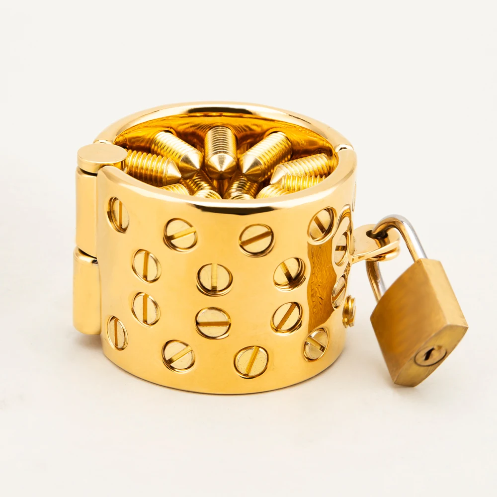 Ouro ajustável Metal testículos bola maca para homens, 4 linhas, picos longos, masculino BDSM peso, Cock Ring Lock, Cock Cage, CBT Sex Toys