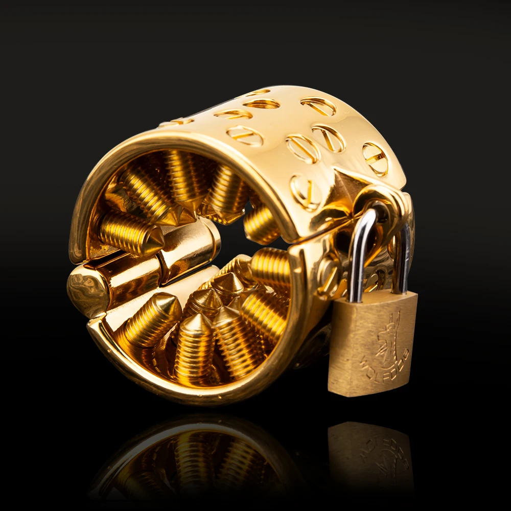 Ouro ajustável Metal testículos bola maca para homens, 4 linhas, picos longos, masculino BDSM peso, Cock Ring Lock, Cock Cage, CBT Sex Toys