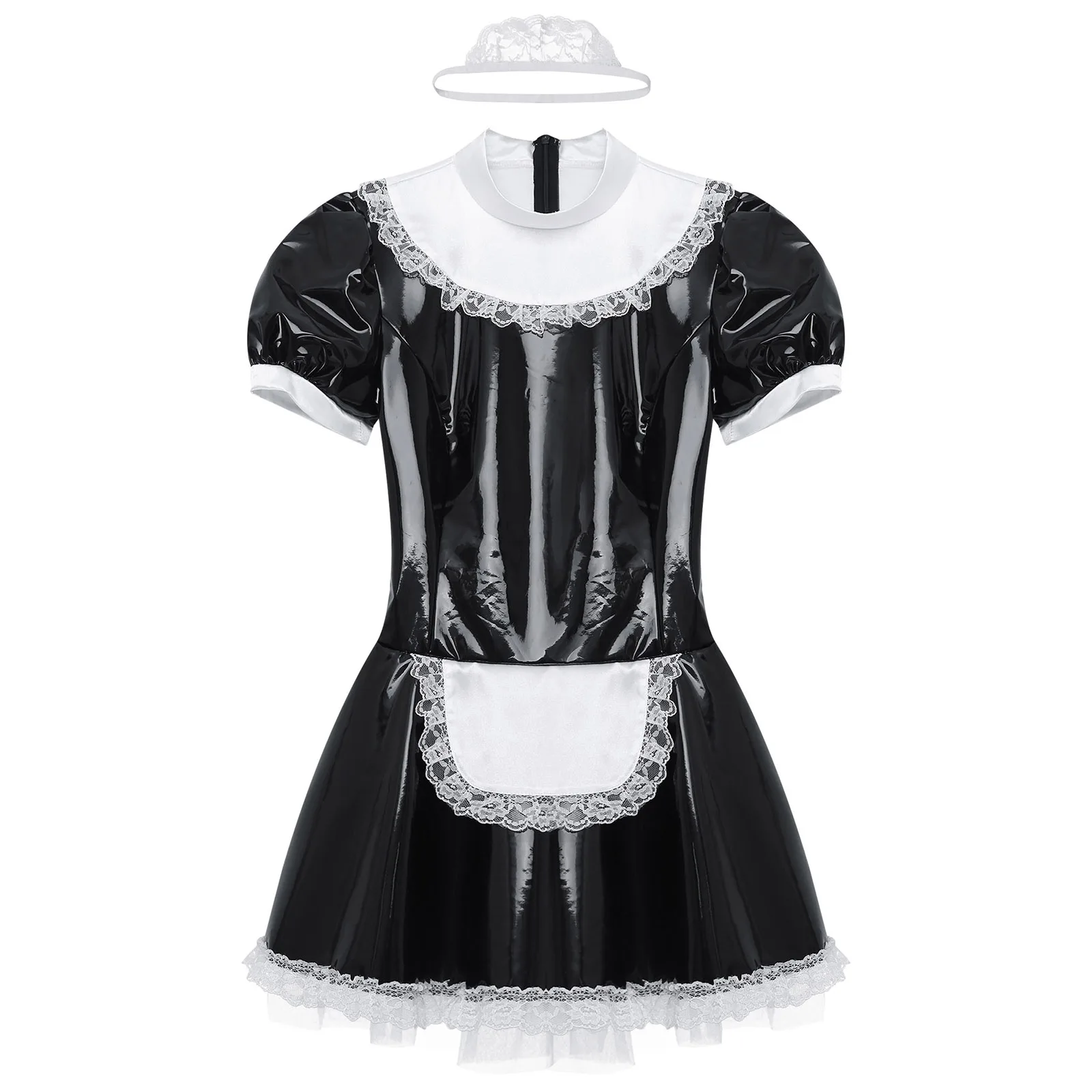 Vestido de empregada feminina com anel gola V, manga curta, couro envernizado, anime fantasia de cosplay, Halloween Clubwear