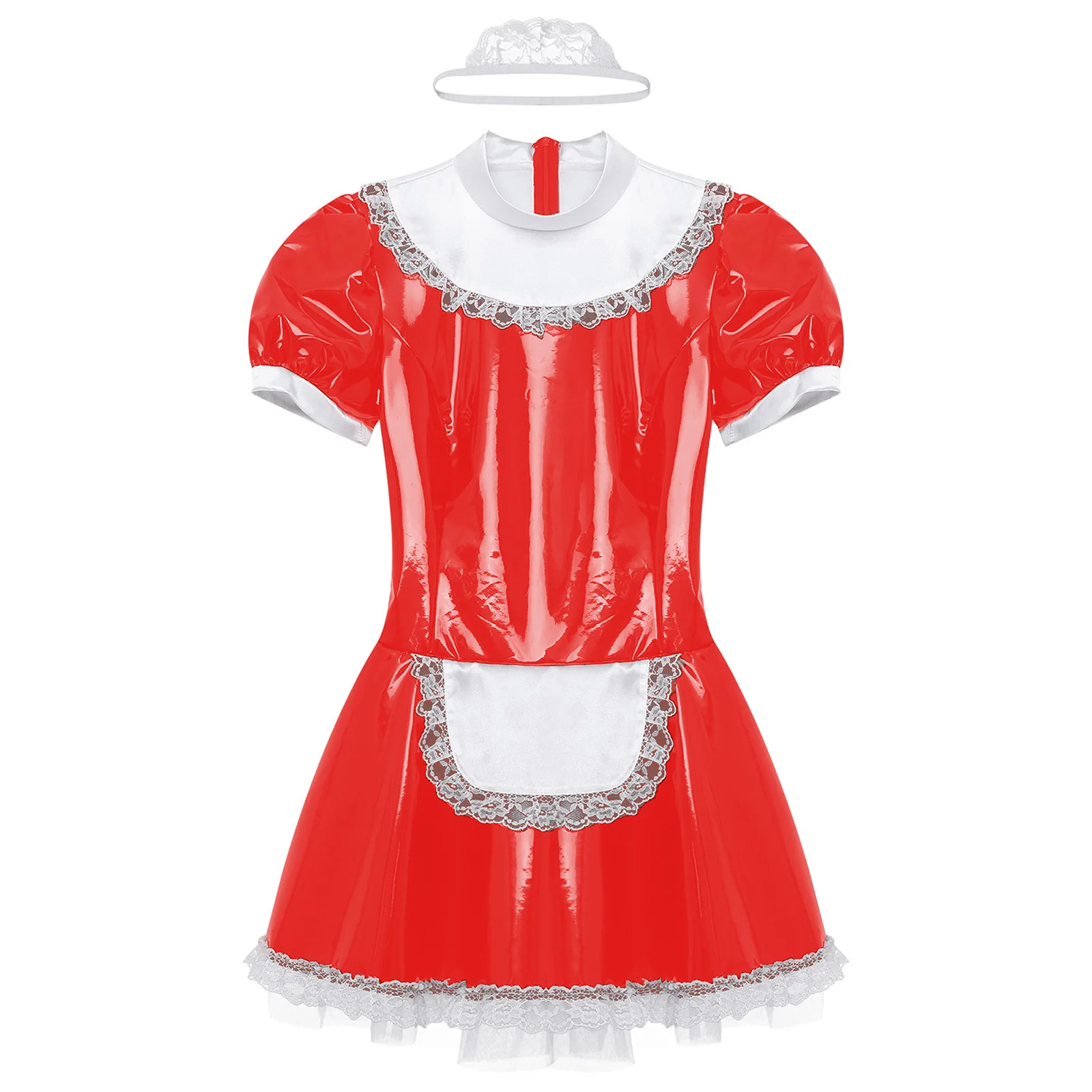 Vestido de empregada feminina com anel gola V, manga curta, couro envernizado, anime fantasia de cosplay, Halloween Clubwear