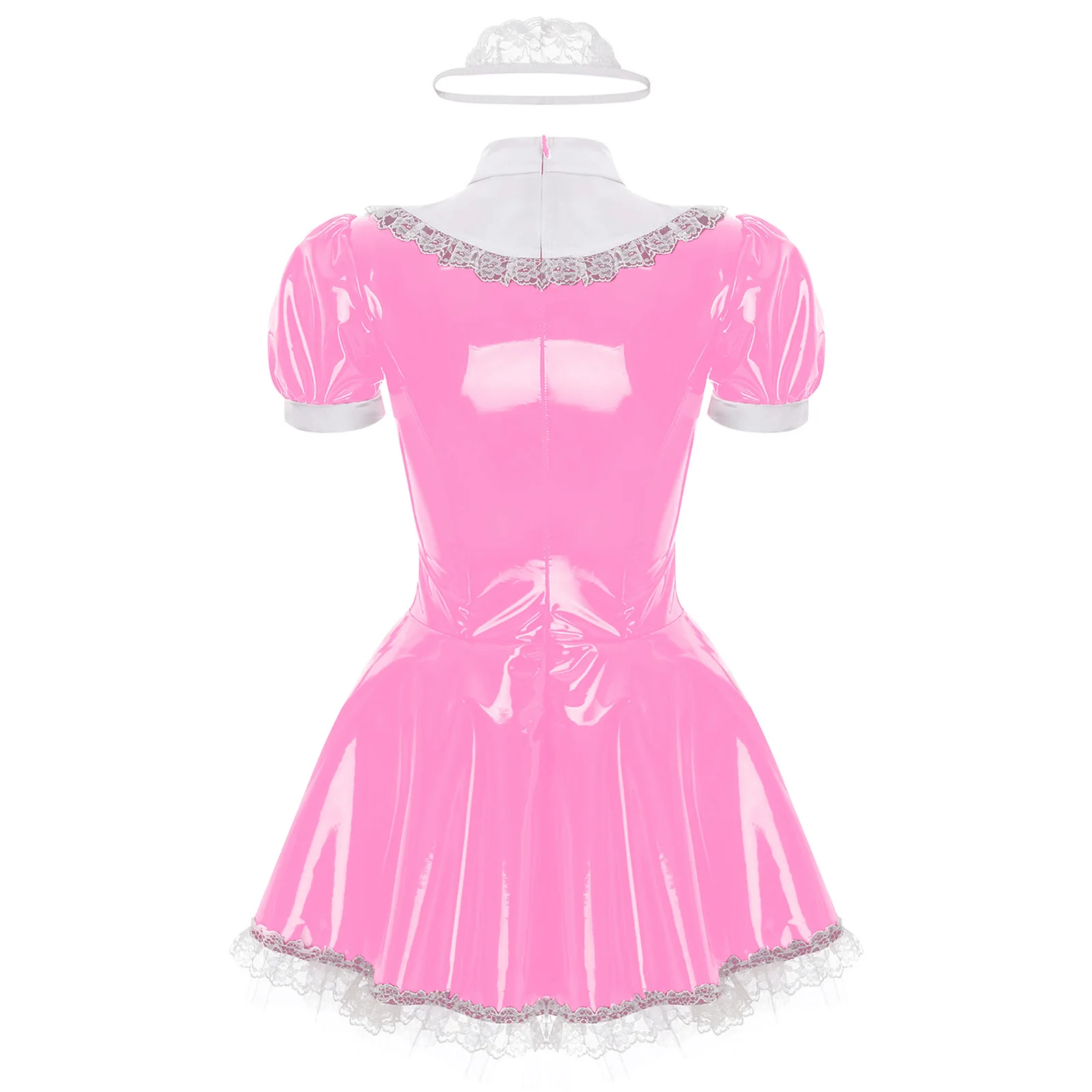 Vestido de empregada feminina com anel gola V, manga curta, couro envernizado, anime fantasia de cosplay, Halloween Clubwear