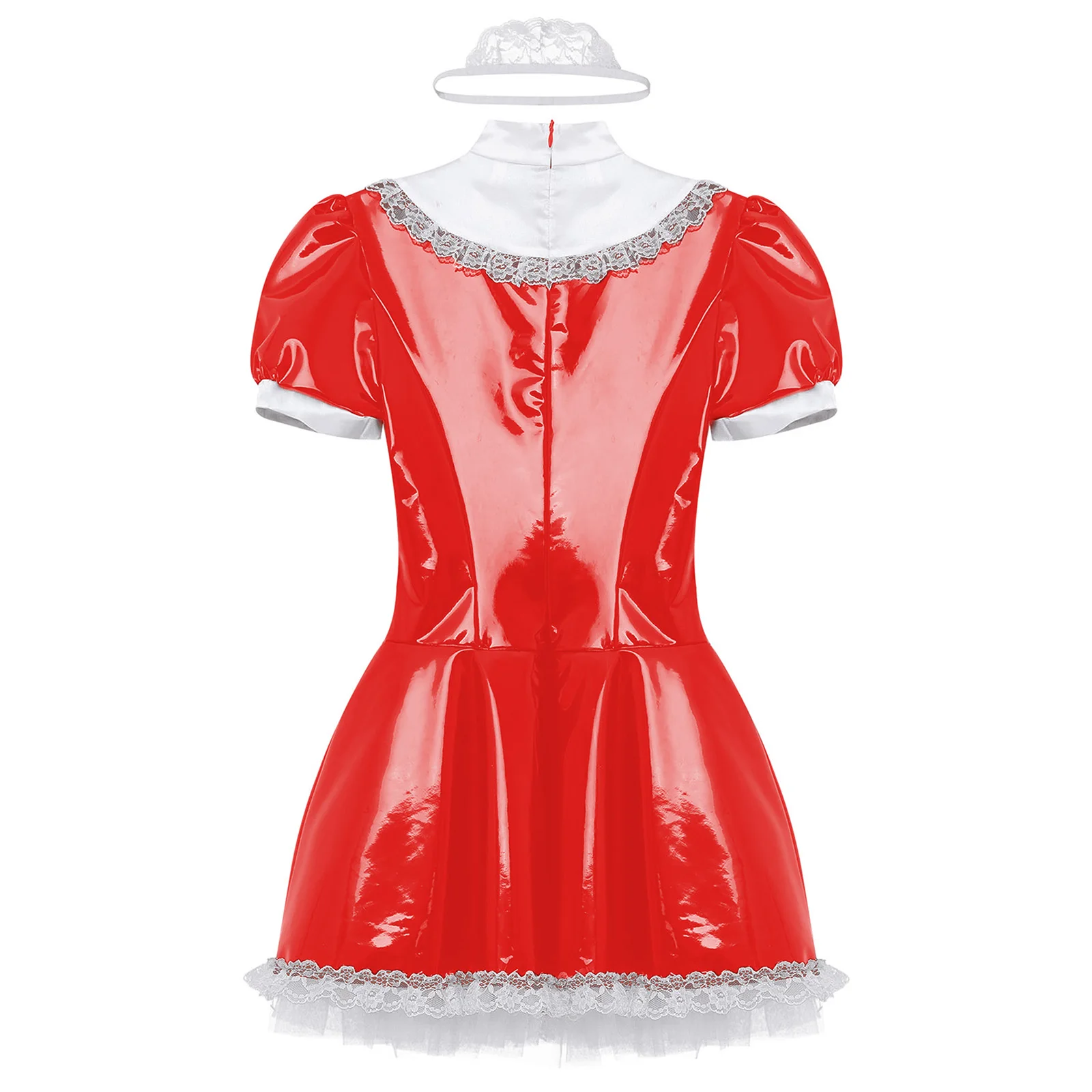 Vestido de empregada feminina com anel gola V, manga curta, couro envernizado, anime fantasia de cosplay, Halloween Clubwear