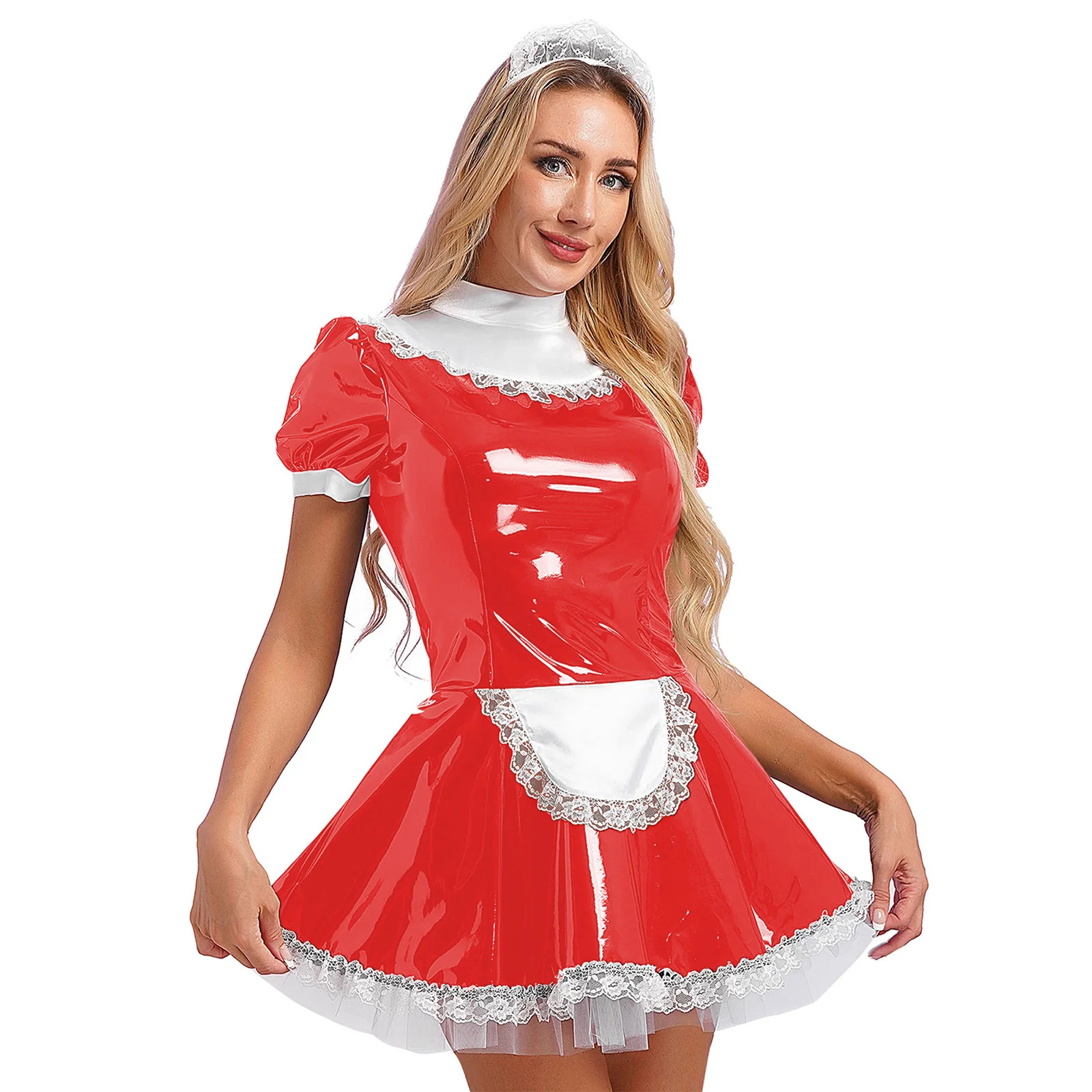 Vestido de empregada feminina com anel gola V, manga curta, couro envernizado, anime fantasia de cosplay, Halloween Clubwear