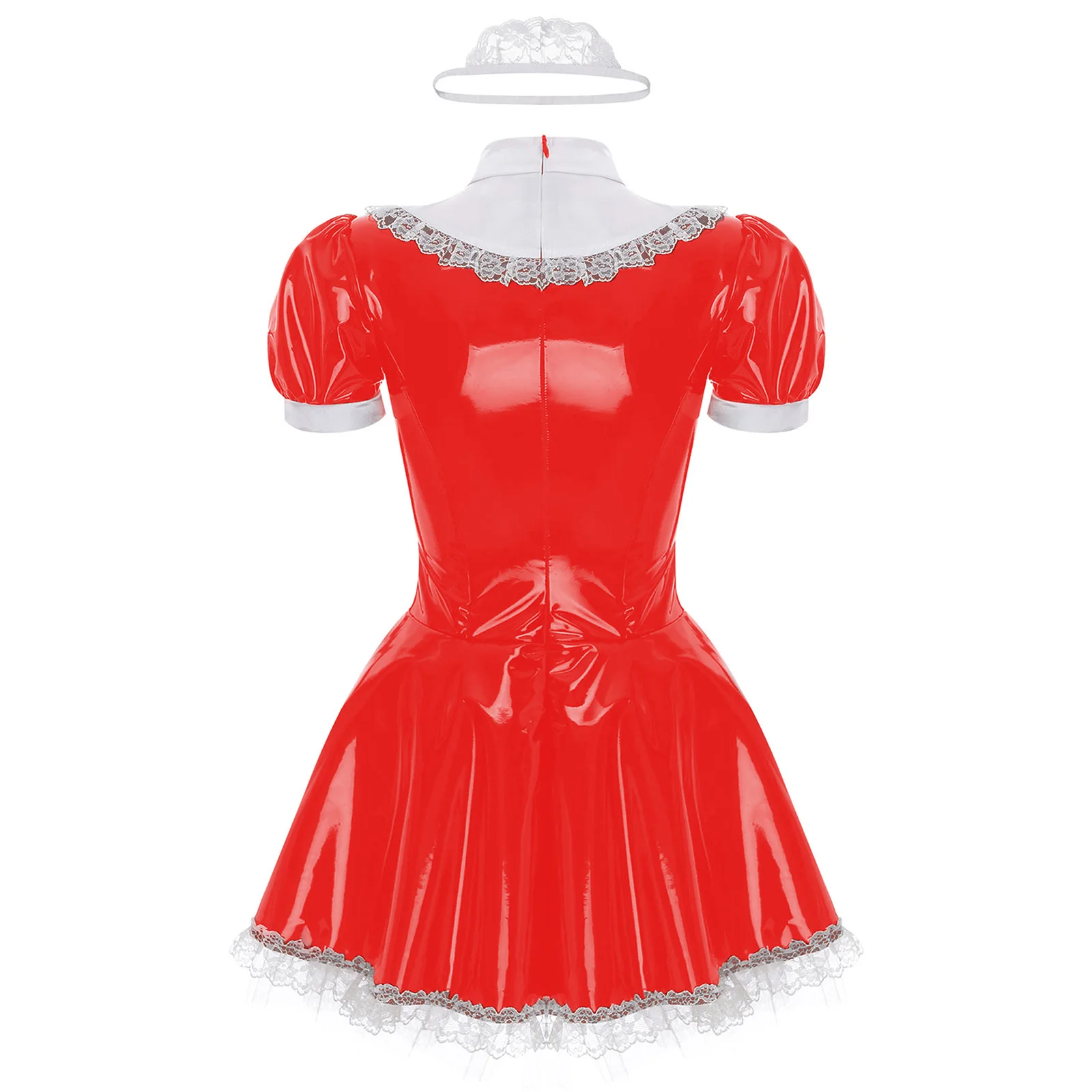 Vestido de empregada feminina com anel gola V, manga curta, couro envernizado, anime fantasia de cosplay, Halloween Clubwear