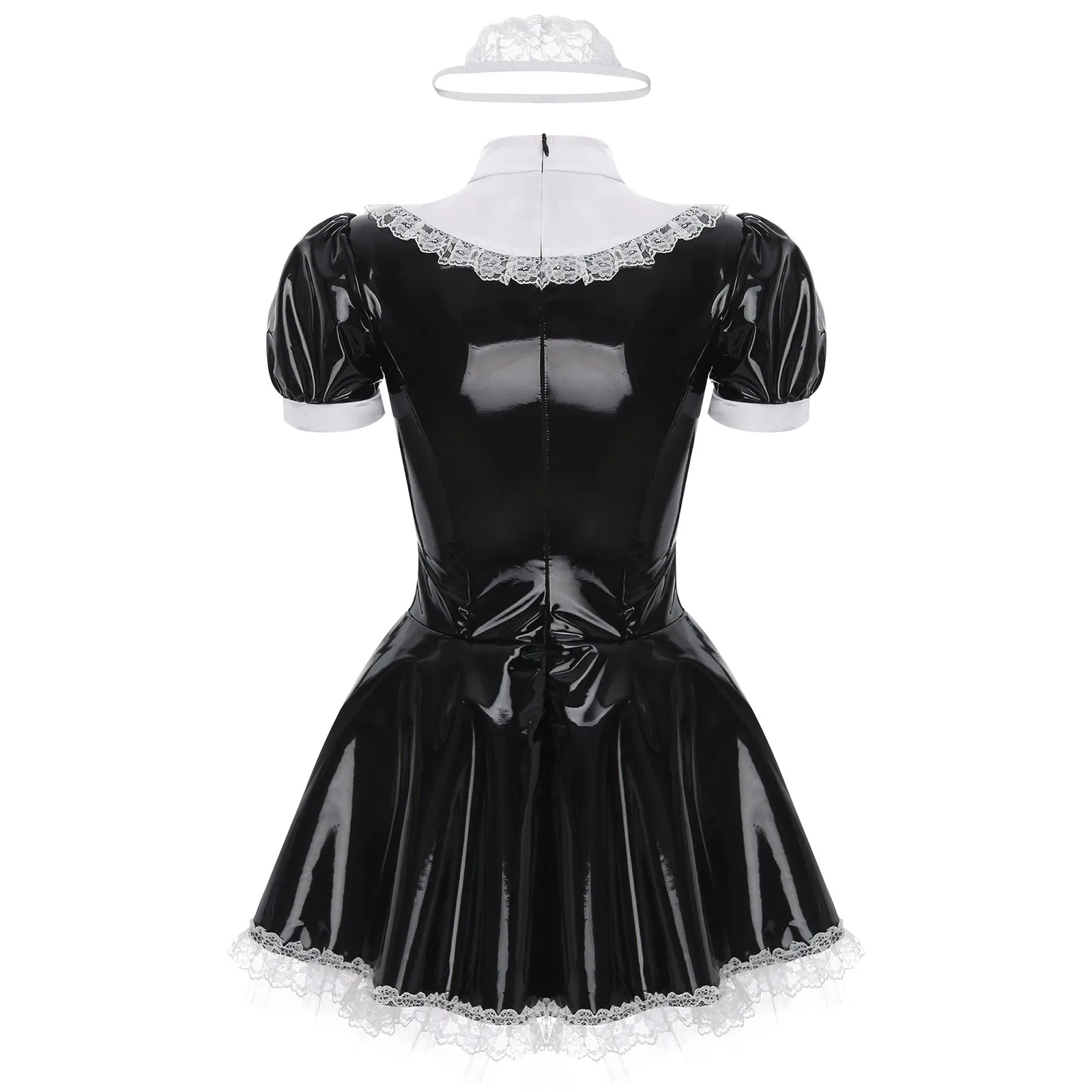 Vestido de empregada feminina com anel gola V, manga curta, couro envernizado, anime fantasia de cosplay, Halloween Clubwear