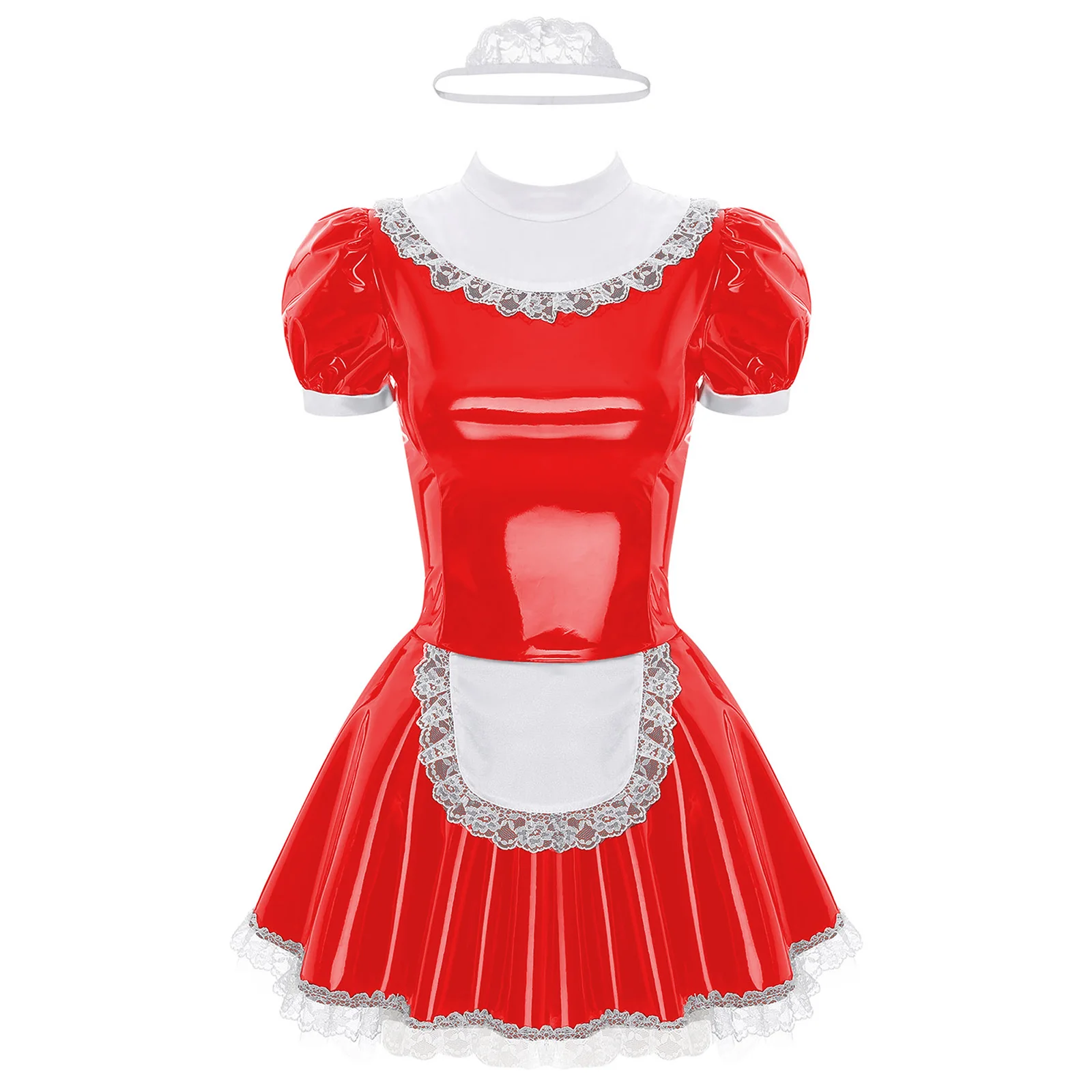 Vestido de empregada feminina com anel gola V, manga curta, couro envernizado, anime fantasia de cosplay, Halloween Clubwear