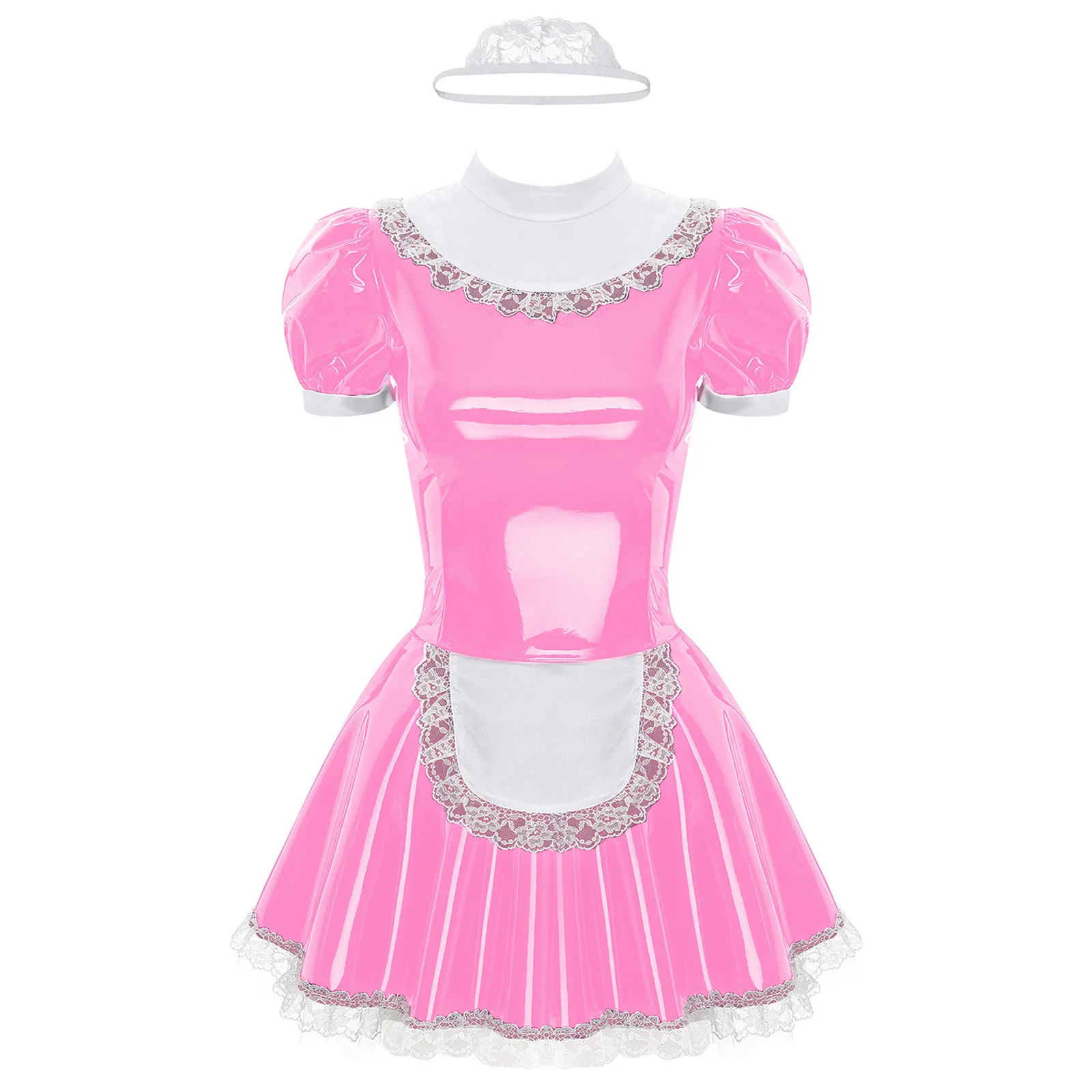 Vestido de empregada feminina com anel gola V, manga curta, couro envernizado, anime fantasia de cosplay, Halloween Clubwear