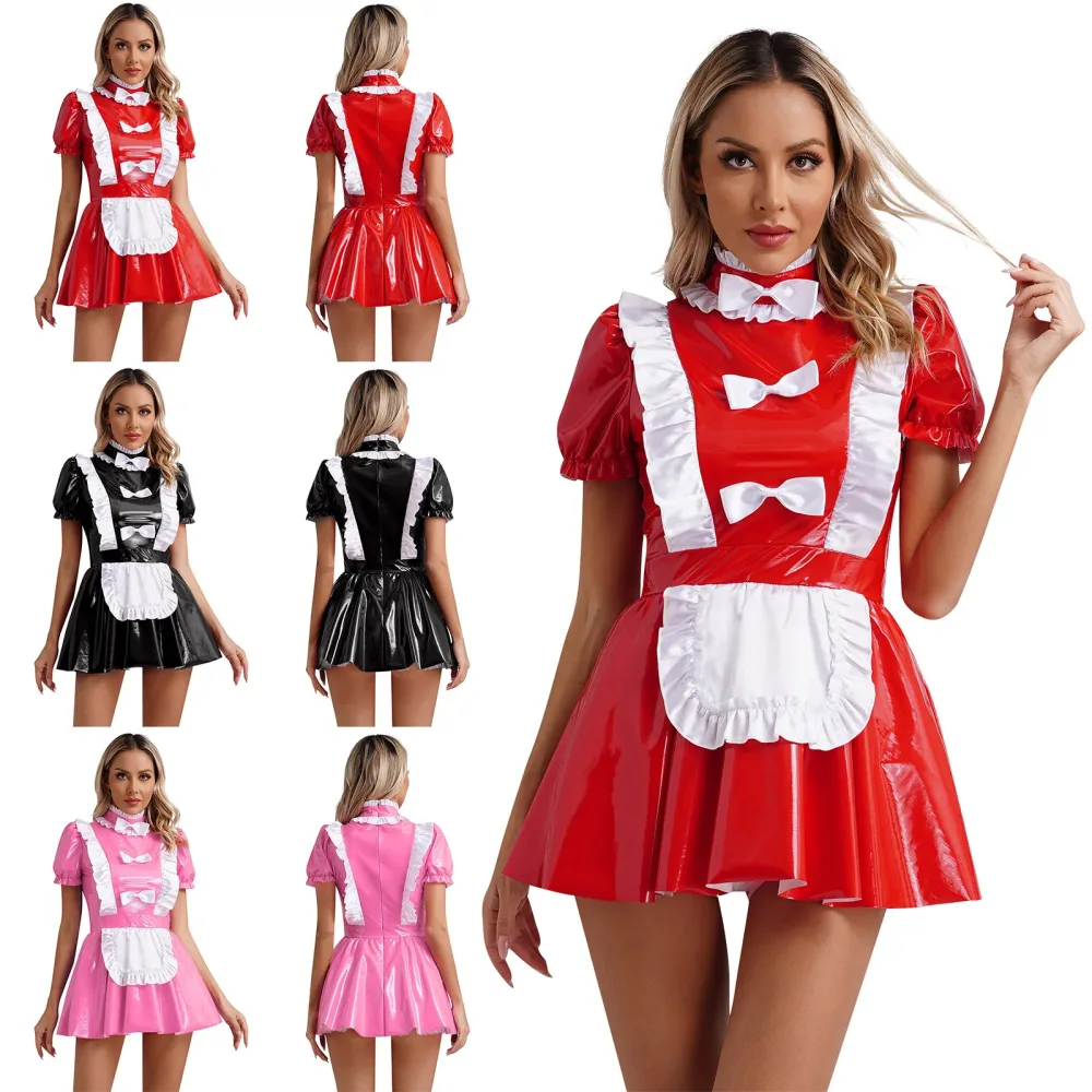 Vestidos de empregada envernizados nas cores preta, rosa e vermelha com modelo de vestido vermelho em destaque