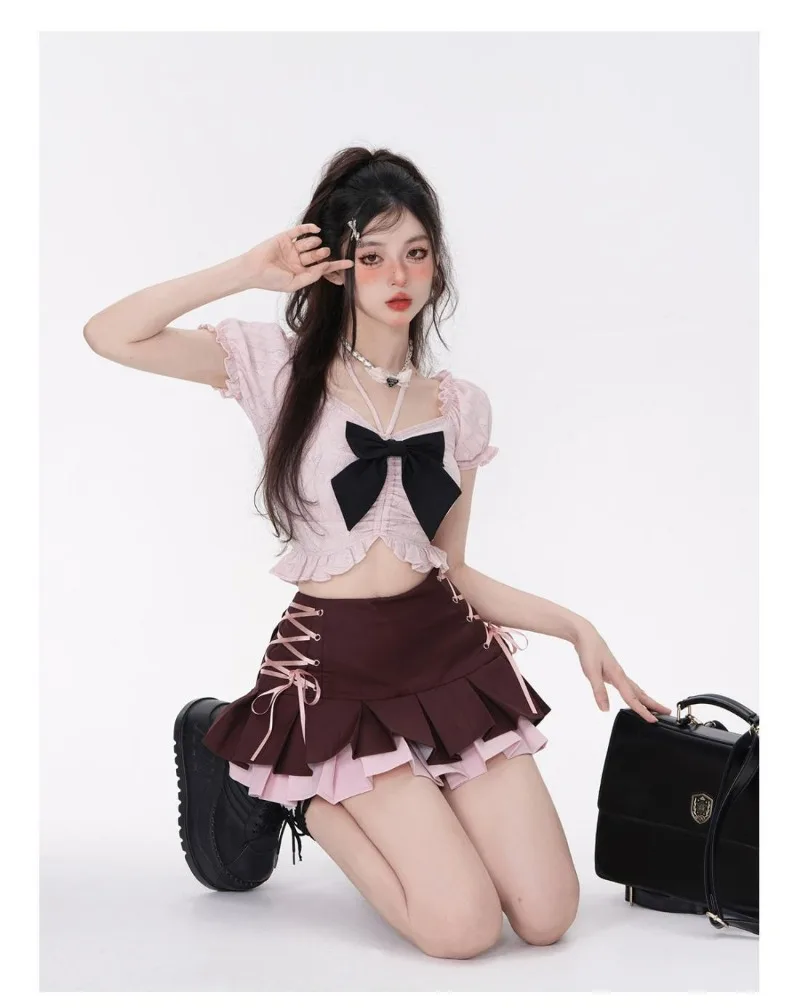 Lolita Mini-saia, Cintura alta, Plissada, Rosa, Bandagem, Coreano, Sexy, Linha A, Mini, Curto, Kawaii, Y2k, Meninas