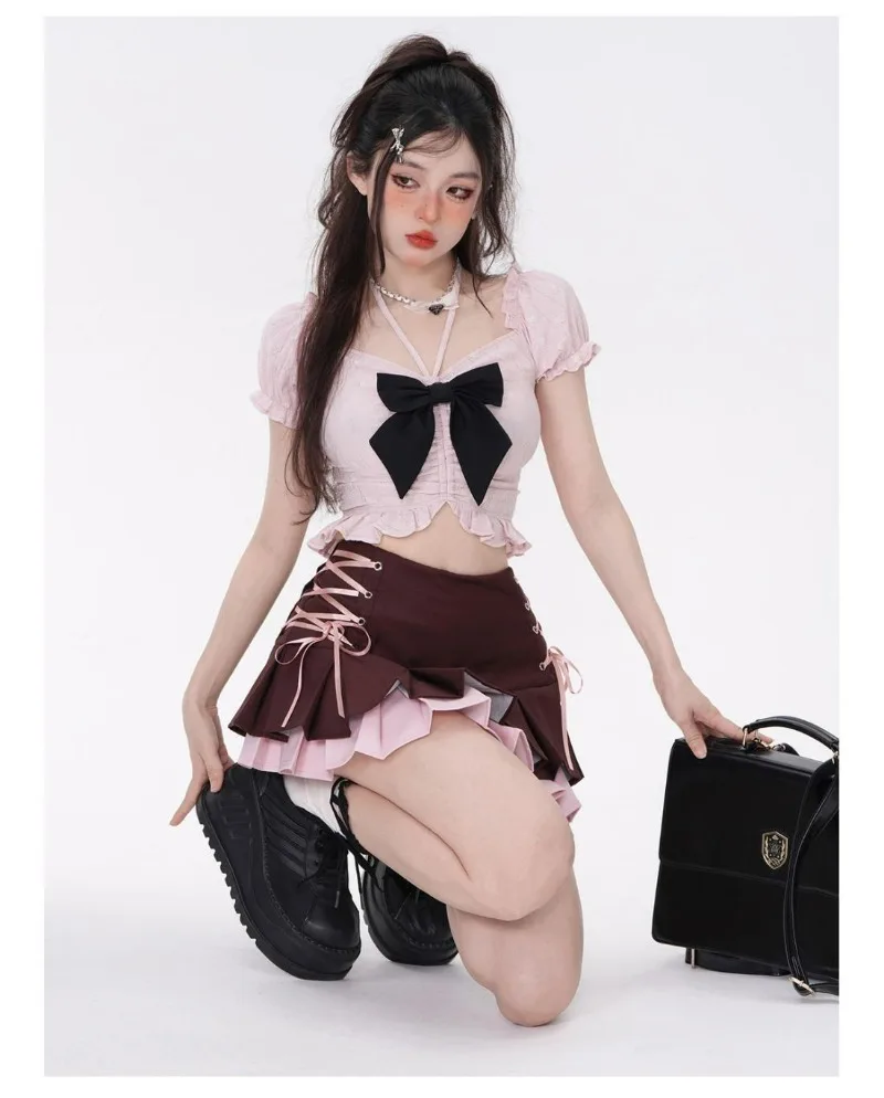Lolita Mini-saia, Cintura alta, Plissada, Rosa, Bandagem, Coreano, Sexy, Linha A, Mini, Curto, Kawaii, Y2k, Meninas