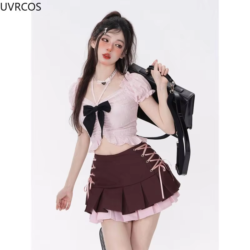 Lolita Mini-saia, Cintura alta, Plissada, Rosa, Bandagem, Coreano, Sexy, Linha A, Mini, Curto, Kawaii, Y2k, Meninas