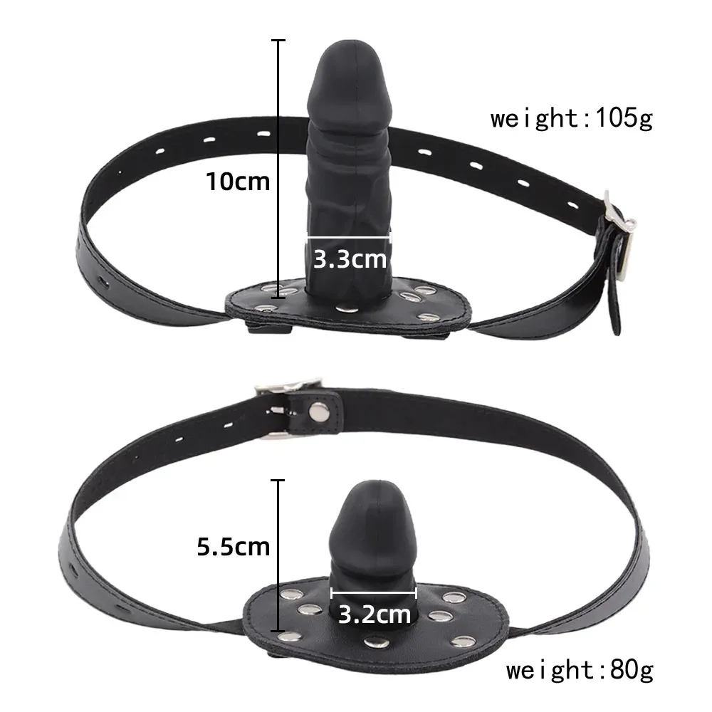 Medidas da mordaça pênis: dildo de 10 cm por 3,3 cm e de 5,5 cm por 3,2 cm